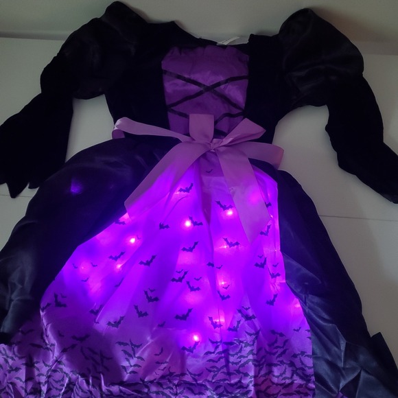 Spirit Other - Kids Light Up Witch Costume Purple Black Bat Print Dress and Broomstick Set